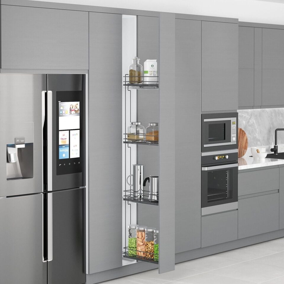 Çift Açılım Gizli Raylı 4 Sepetli Ahşap Tabanlı Şişelik 200 mm Sağ