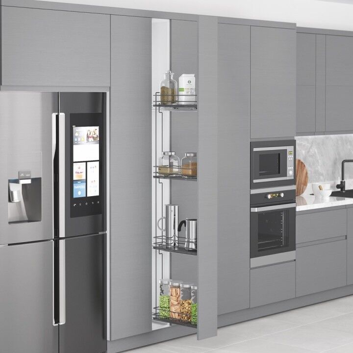 Çift Açılım Gizli Raylı 4 Sepetli Ahşap Tabanlı Şişelik 200 mm Sağ Antrasit