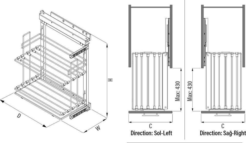 Yandan Gizli Raylı Tepsilik 300 mm Sağ