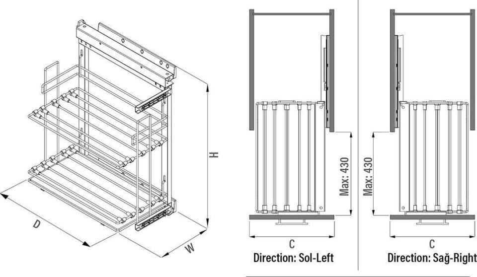 Yandan Gizli Raylı Tepsilik 250 mm Sağ