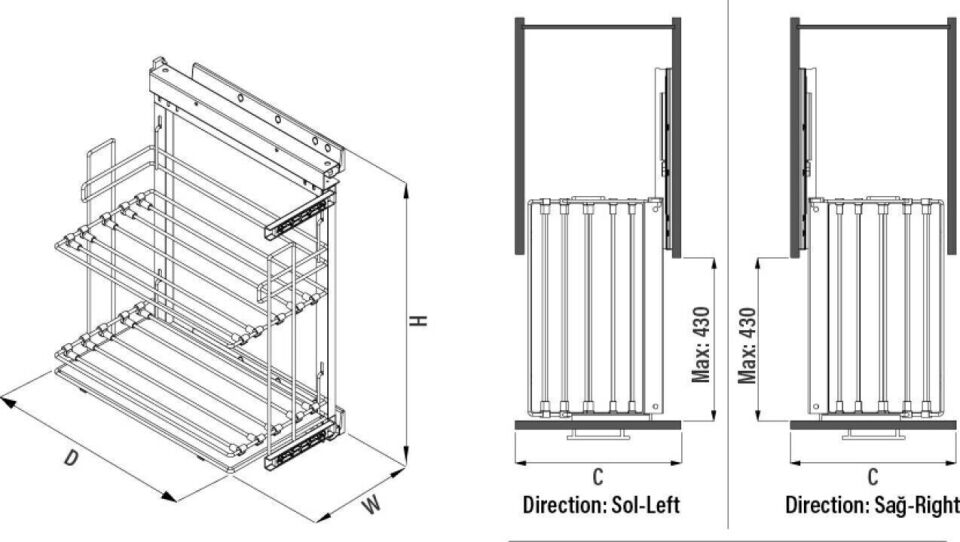 Yandan Gizli Raylı Tepsilik 250 mm Sol Krom