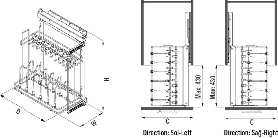 Yandan Gizli Raylı Tavalık 450 mm Sağ Antrasit