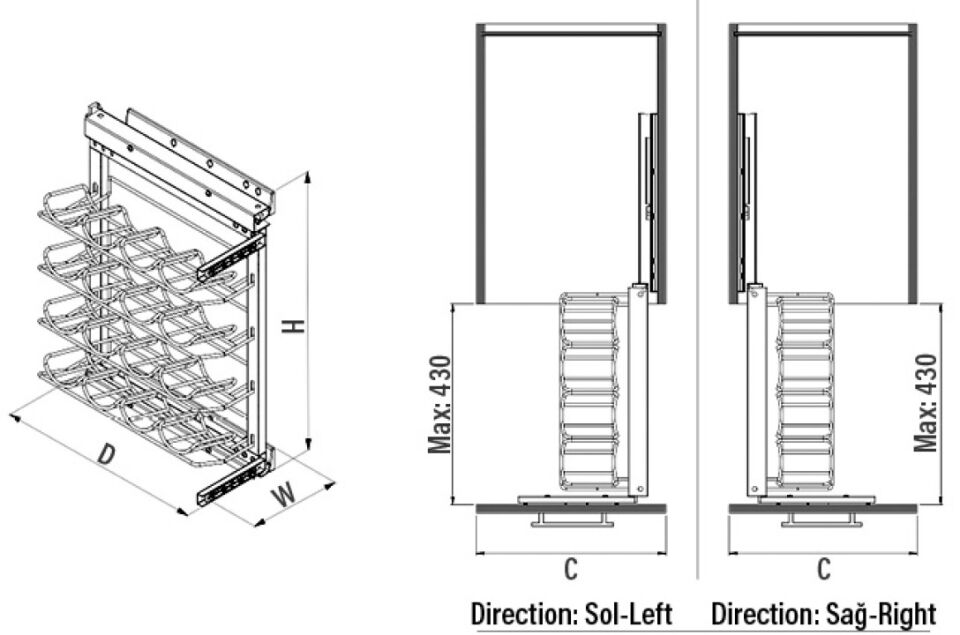 Yandan Gizli Raylı Şişe Ünitesi 260 mm Sol Crom