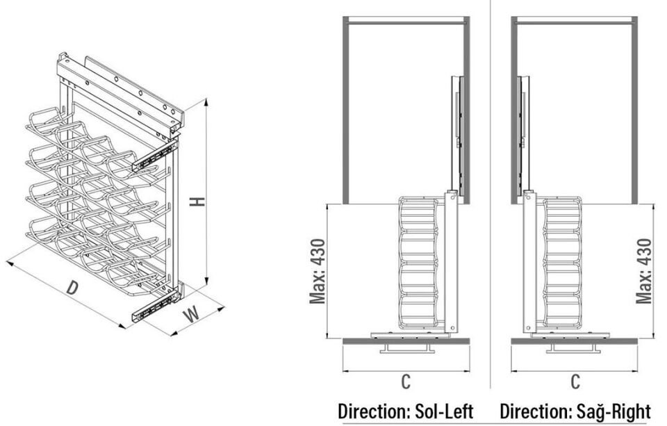 Yandan Gizli Raylı Şişe Ünitesi 260 mm Sağ