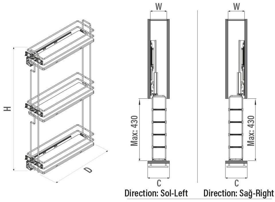 Çift Açılım Gizli Raylı 3 Sepetli Ahşap Tabanlı Şişelik 150 mm Sol