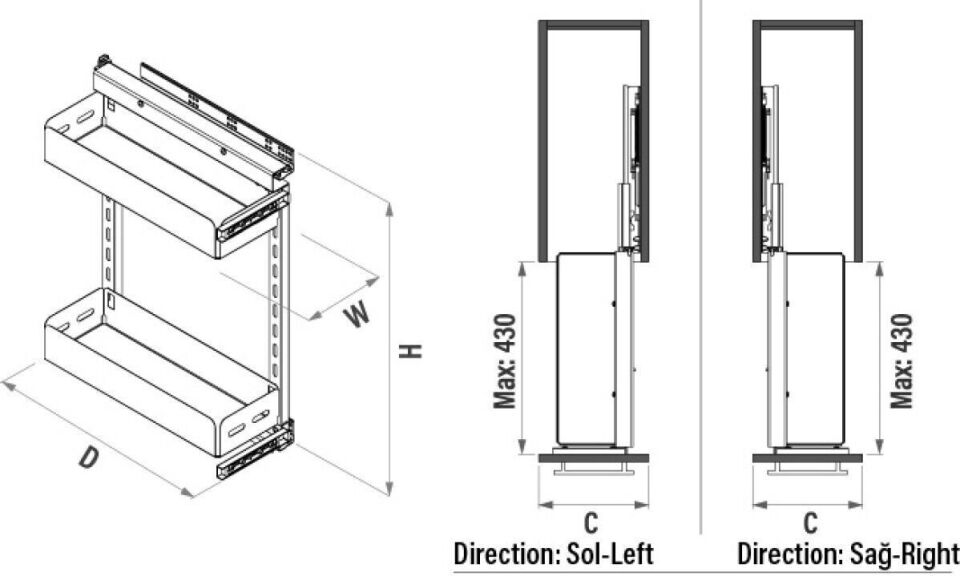 Unique Box Yandan Gizli Raylı Ünite (90 Derece) 255 mm Sağ White