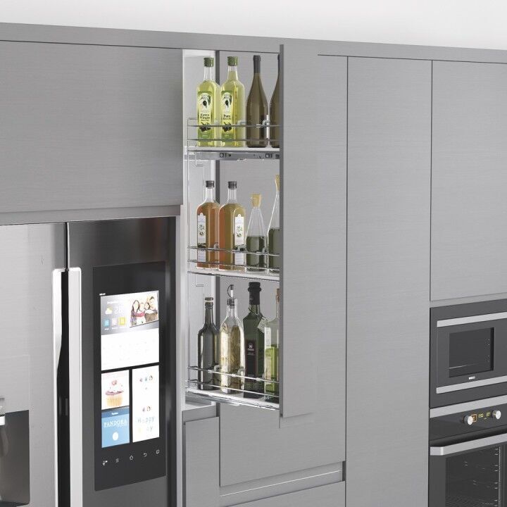 Çift Açılım Gizli Raylı 3 Sepetli Ahşap Tabanlı Şişelik 200 mm Sağ Crom