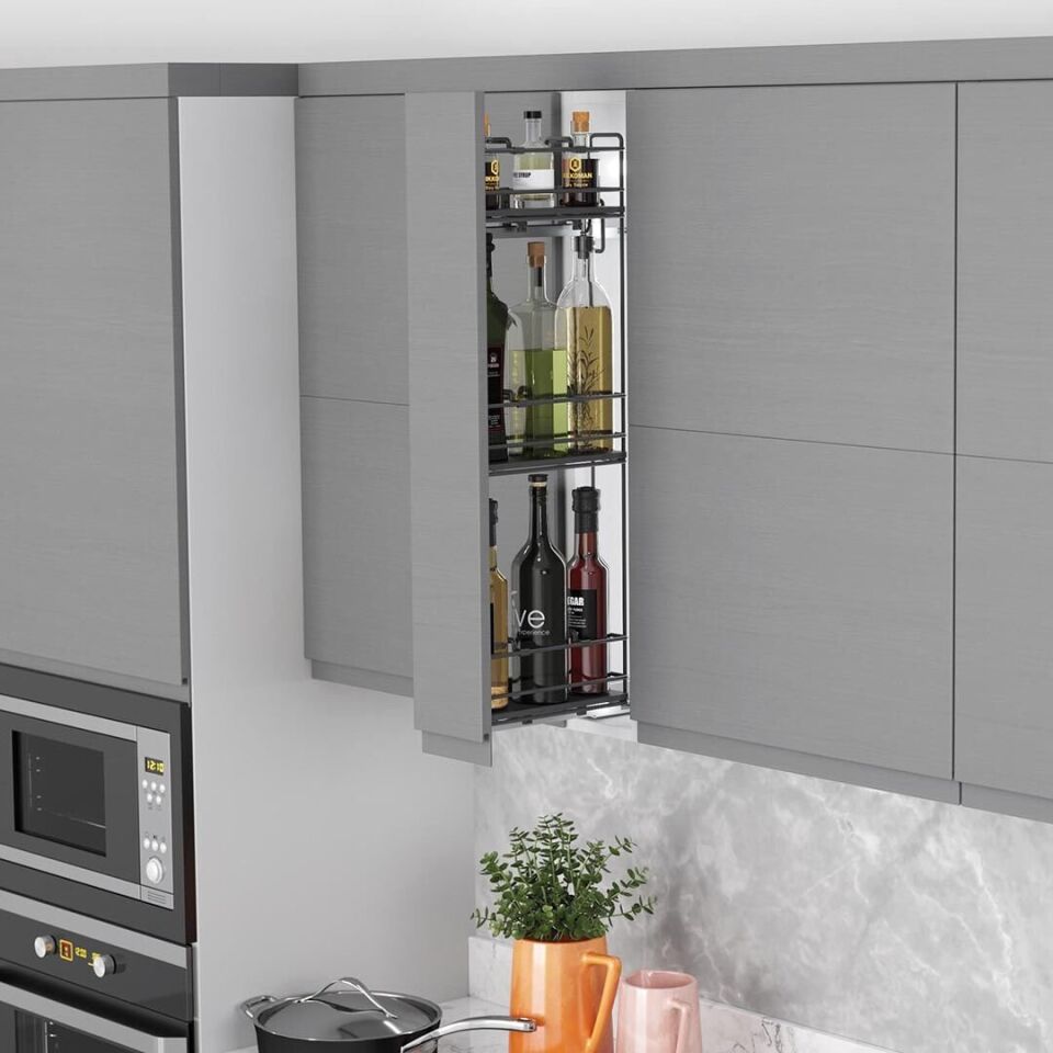 Çift Açılım Gizli Raylı 3 Sepetli Ahşap Tabanlı Mini Şişelik 150 mm Sol