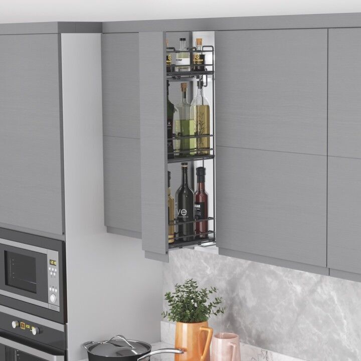 Çift Açılım Gizli Raylı 3 Sepetli Ahşap Tabanlı Mini Şişelik 150 mm Sol Antrasit