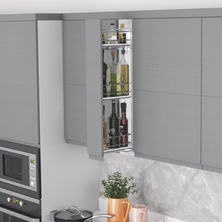 Çift Açılım Gizli Raylı 3 Sepetli Ahşap Tabanlı Mini Şişelik 150 mm Sol Crom