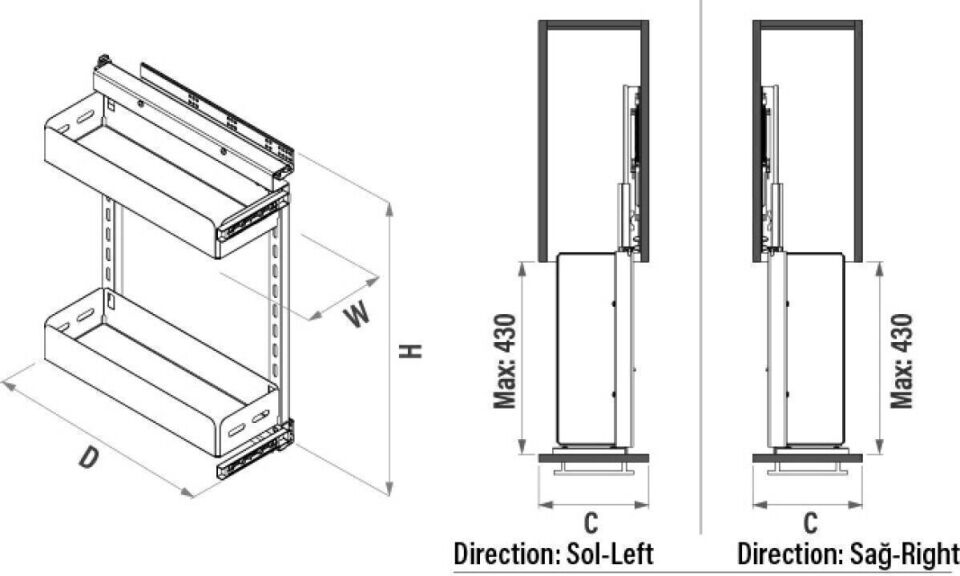 Unique Box Yandan Gizli Raylı Ünite (90 Derece) 355 mm Sağ