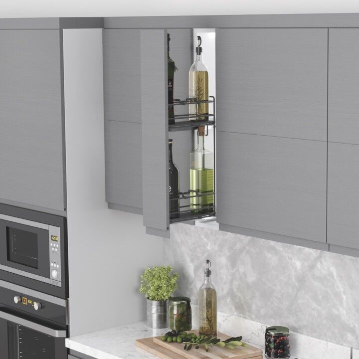 Çift Açılım Gizli Raylı Ahşap Tabanlı Mini Şişelik 150 mm Sağ Antrasit