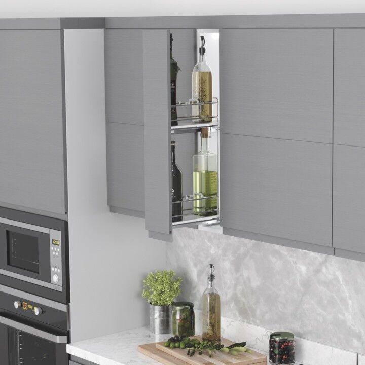 Çift Açılım Gizli Raylı Ahşap Tabanlı Mini Şişelik 150 mm Sağ Crom