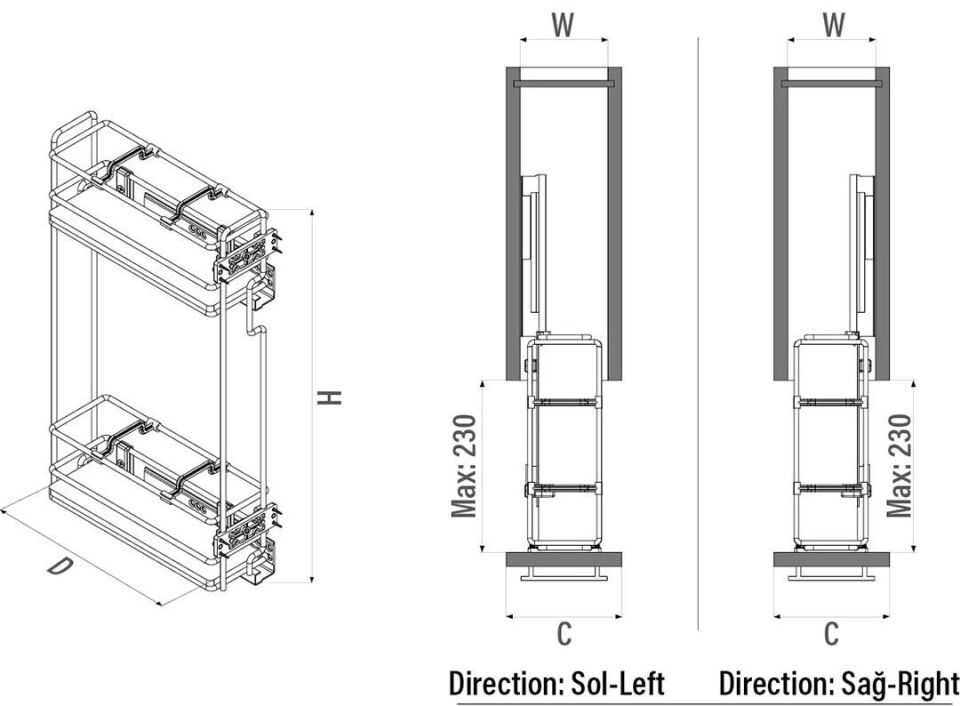 Çift Açılım Gizli Raylı Ahşap Tabanlı Mini Şişelik 150 mm Sol