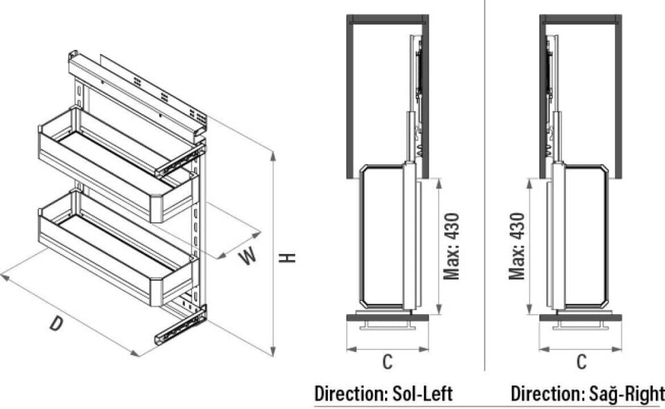 Premium Yandan Gizli Raylı Ünite (90 Derece) 255 mm Sol