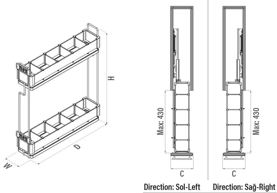 Premium Kaymaz Yüzeyli Ahşap Tablalı Şişelik Çift Açılım Sol