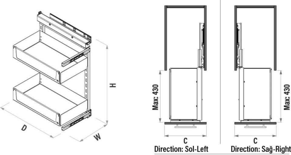 Unique Wood Yandan Gizli Raylı Ünite (90 Derece) Antrasit 255 mm Sağ