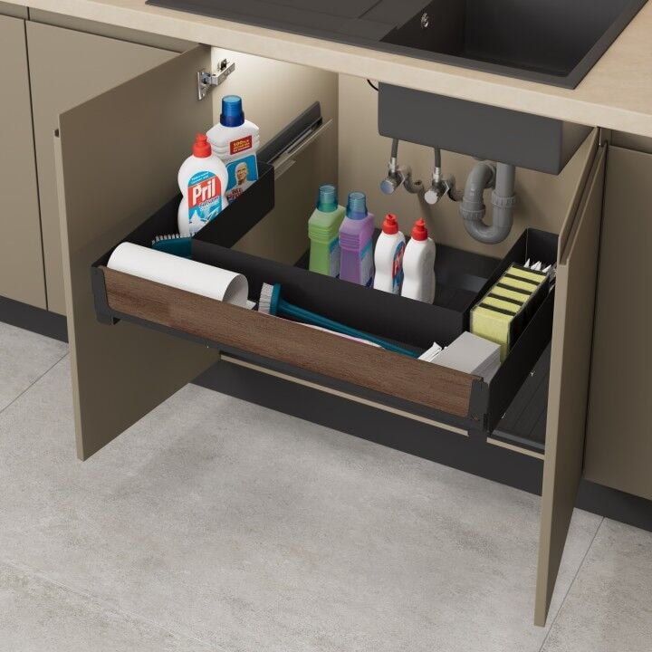 Bağımsız Eviye Altı Çift Açılım Gizli Raylı Çekmece 800 mm Antrasit - Unique Wood 