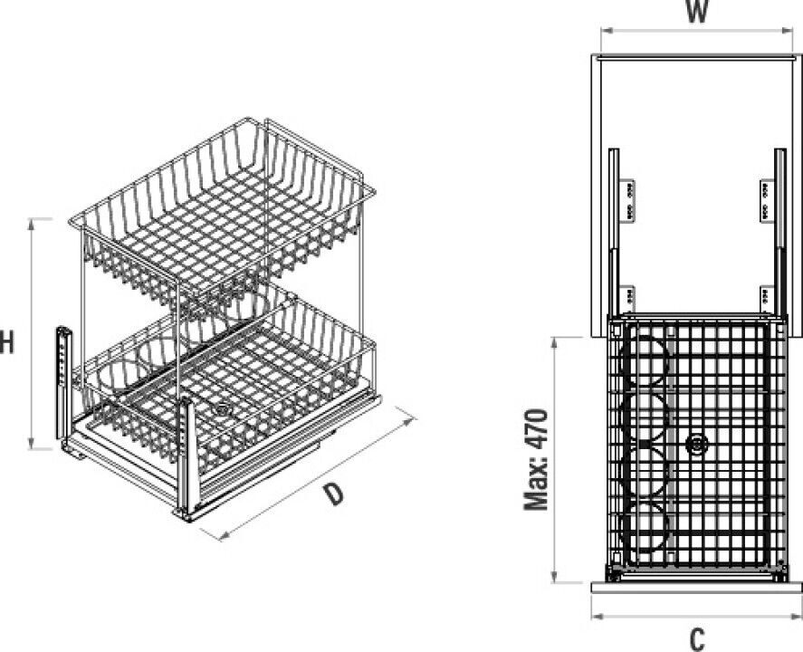 Zemin Bağlantılı Gizli Raylı Tezgah Altı 2 Sepetli Ünite 350 mm