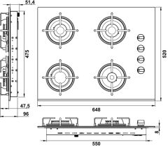 Ankastre Ocak, HÄFELE LUCE, 65 cm, Cam, 4 Gözlü, Gazlı, Çelik Izgaralı