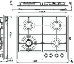 Ankastre Ocak, VINTAGE, 60 cm, Metal, 4 Gözlü, Gazlı, Döküm Izgaralı