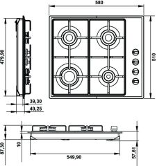 Ankastre Ocak, ETERNAL, 60 cm, Paslanmaz Çelik, 4 Gözlü, Gazlı, Çelik Izgaralı