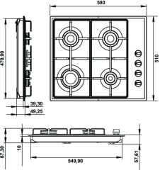 Ankastre Ocak, HÄFELE ETERNAL, 60 cm, Paslanmaz Çelik, 4 Gözlü, Gazlı, Çelik Izgaralı