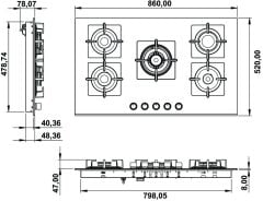 Ankastre Ocak, CAPELLA, 90 cm, Cam, 5 Gözlü, Gazlı, Döküm Izgaralı