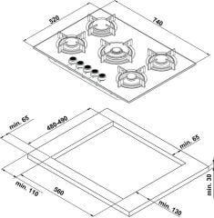 Ankastre Ocak, HÄFELE ORION, 75 cm, Cam, 5 Gözlü, Gazlı, Döküm Izgaralı