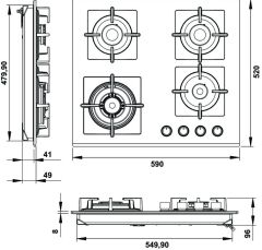Ankastre Ocak, CAPELLA, 60 cm, Cam, 4 Gözlü, Gazlı, Döküm Izgaralı